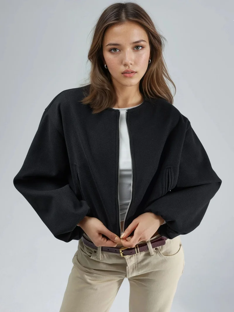 بوسيم BUSEM Crop Gabardine Jacket with Zipper and Pocket